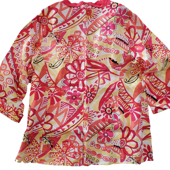 Choices Womens Linen Blazer Top Size M Pink Floral 3/4 Sleeve 1-Button Hippie - Picture 2 of 10